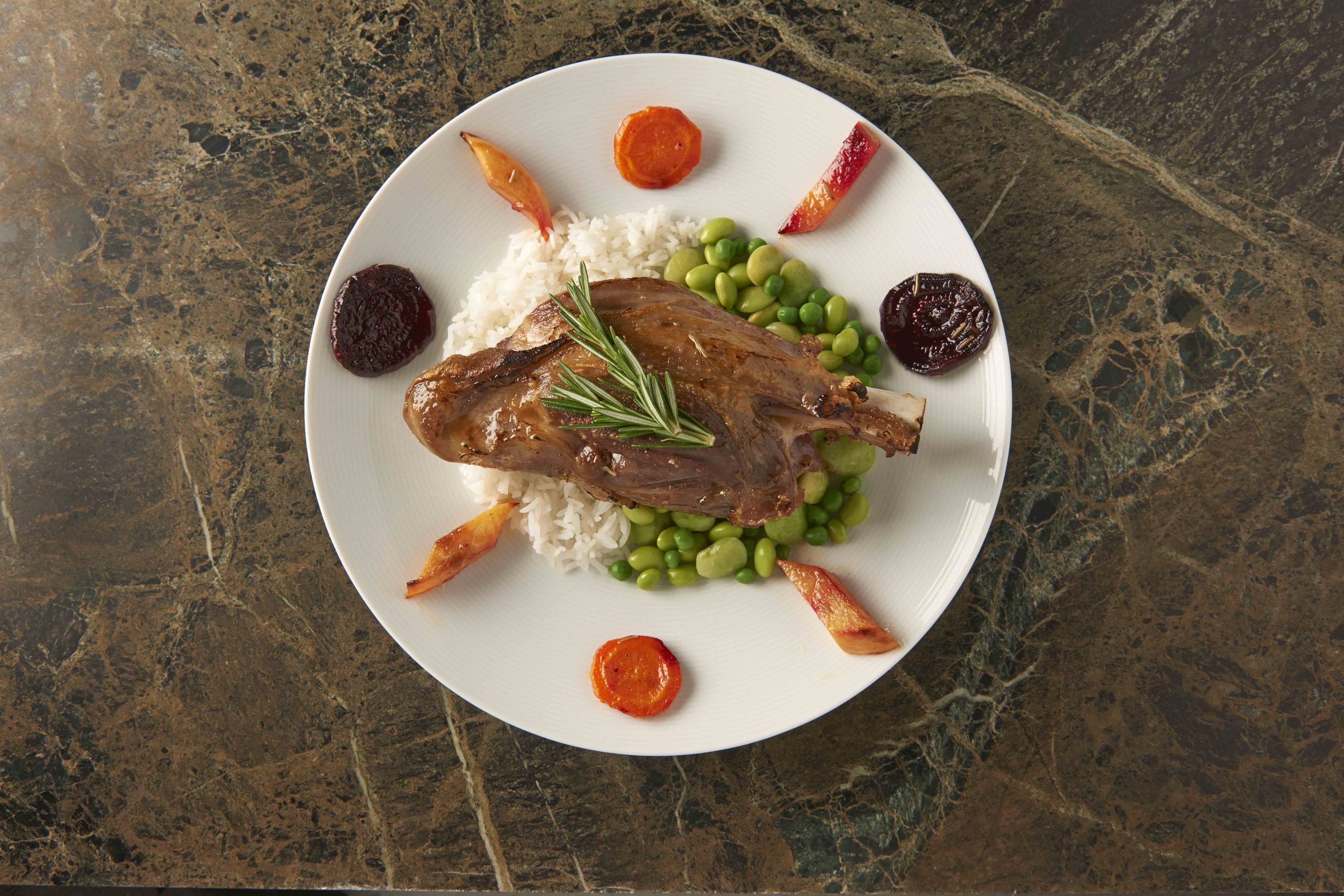 Braised Lamb Shank with Steamed Rice and Beans & Roasted Root Vegetables - Manischewitz