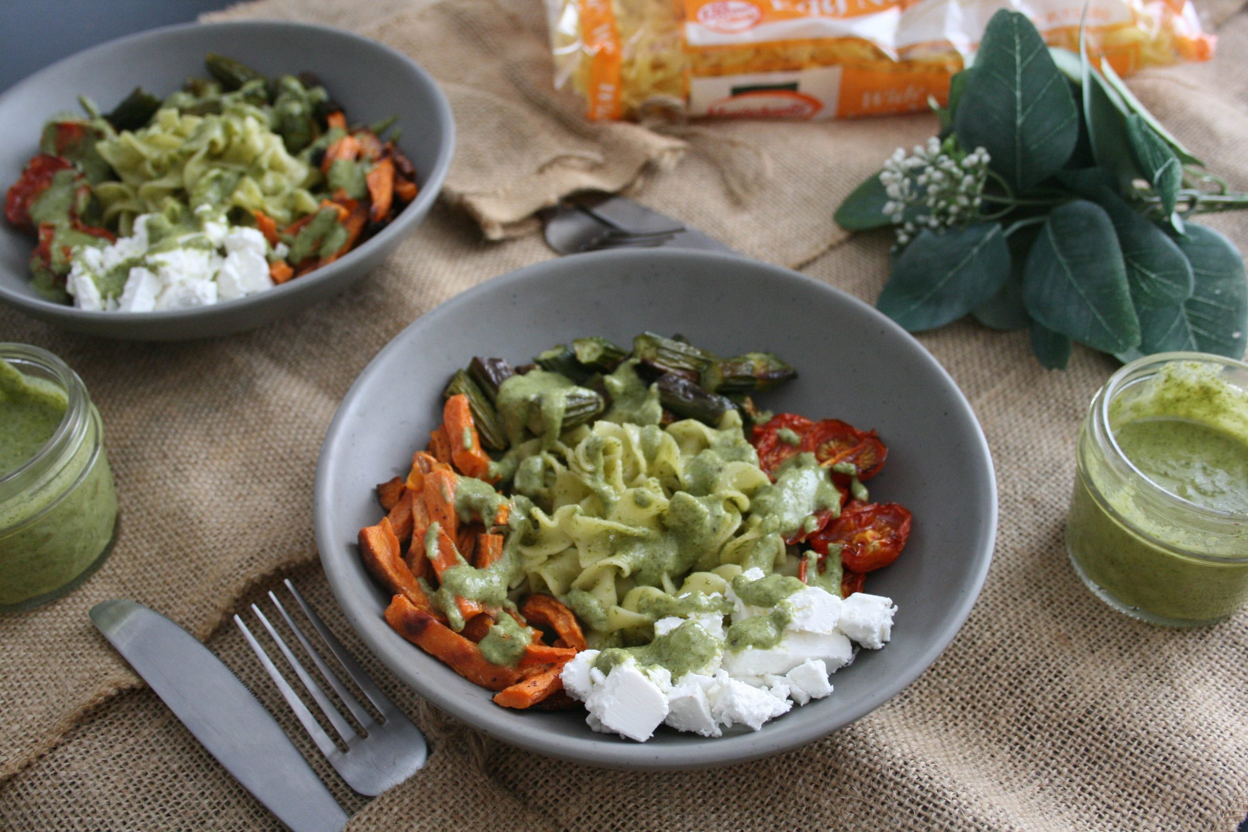 Roasted Veggie Noodle Bowl with Pesto & Feta - Manischewitz