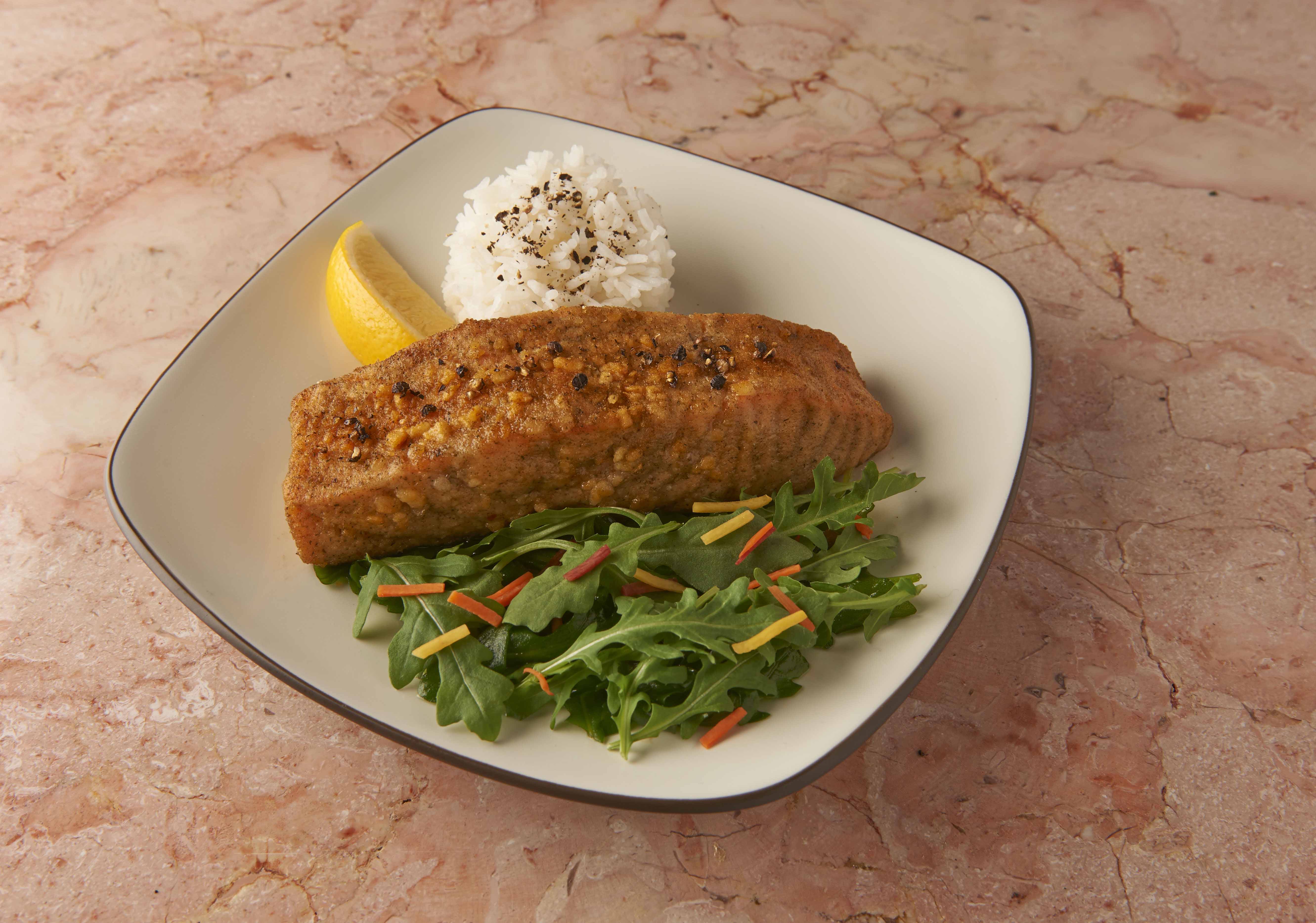 Gluten Free CrackerEncrusted Salmon Fillets with White Rice and Side